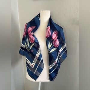 Roma Floral Tulip Silk Scarf in Navy and Pink